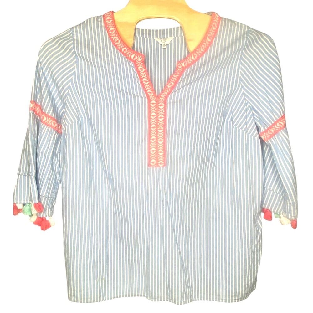 Crown & Ivy Womens Shirt Blue White Striped Tasseled Sleeve Top nautical size 2X